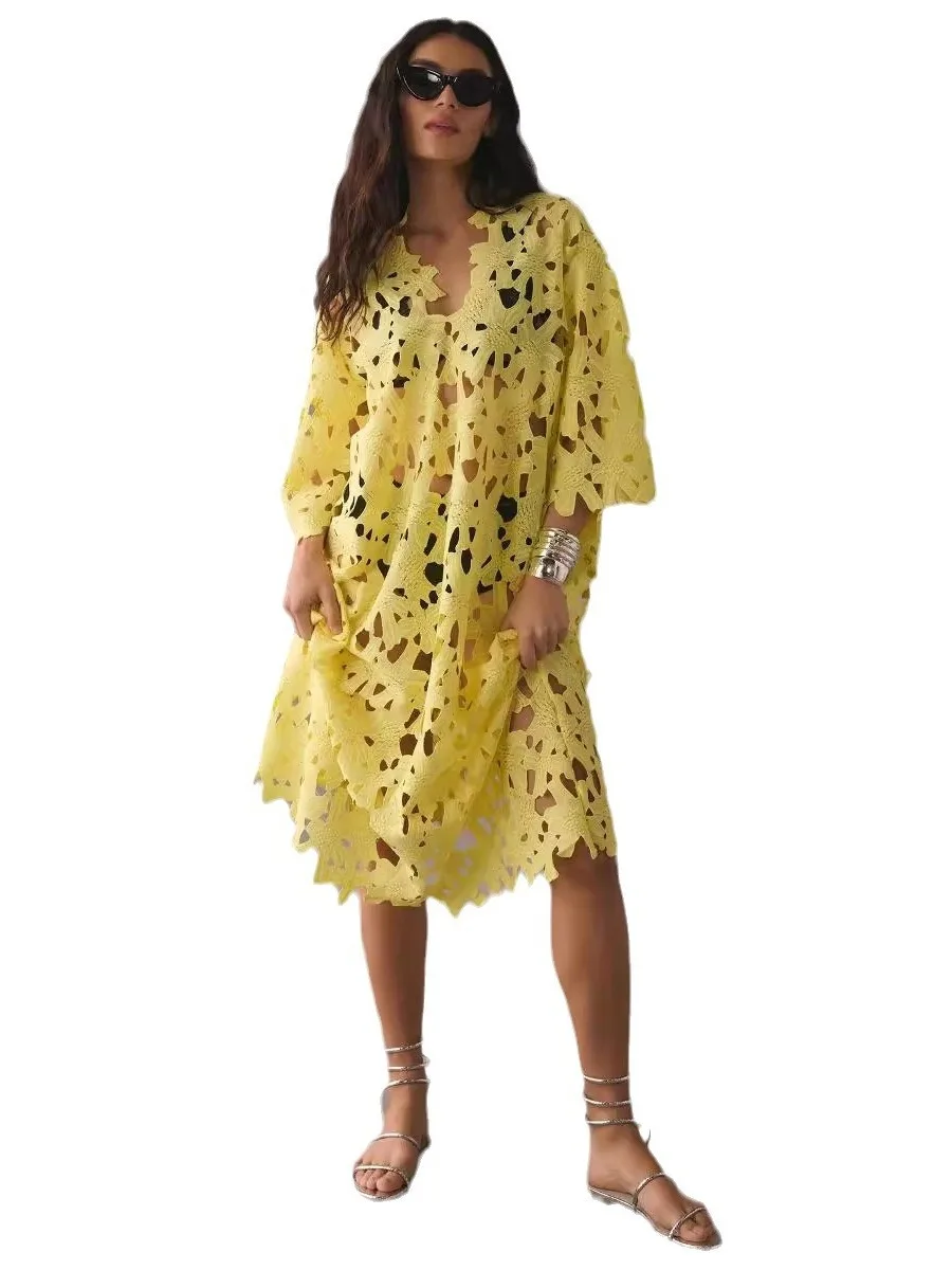 

Women's Long Lace Hollow out Cover irt V-Ne Svel Summer Faion High Waist Line Versatile Sle Girl's Clothing