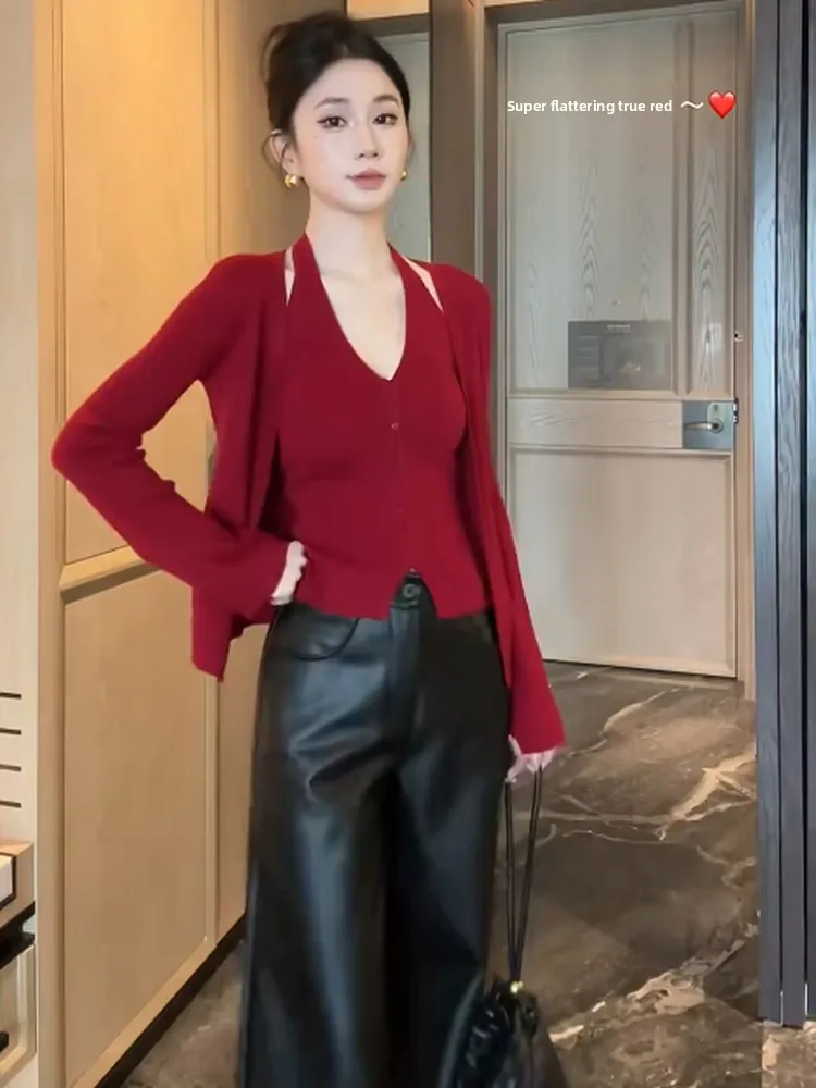 

Korean Sle Red Knitted Wrap Ne Open Cardigan Women's Slim Fit ort Top for New Year Autumn Winter New Arrival Faionable