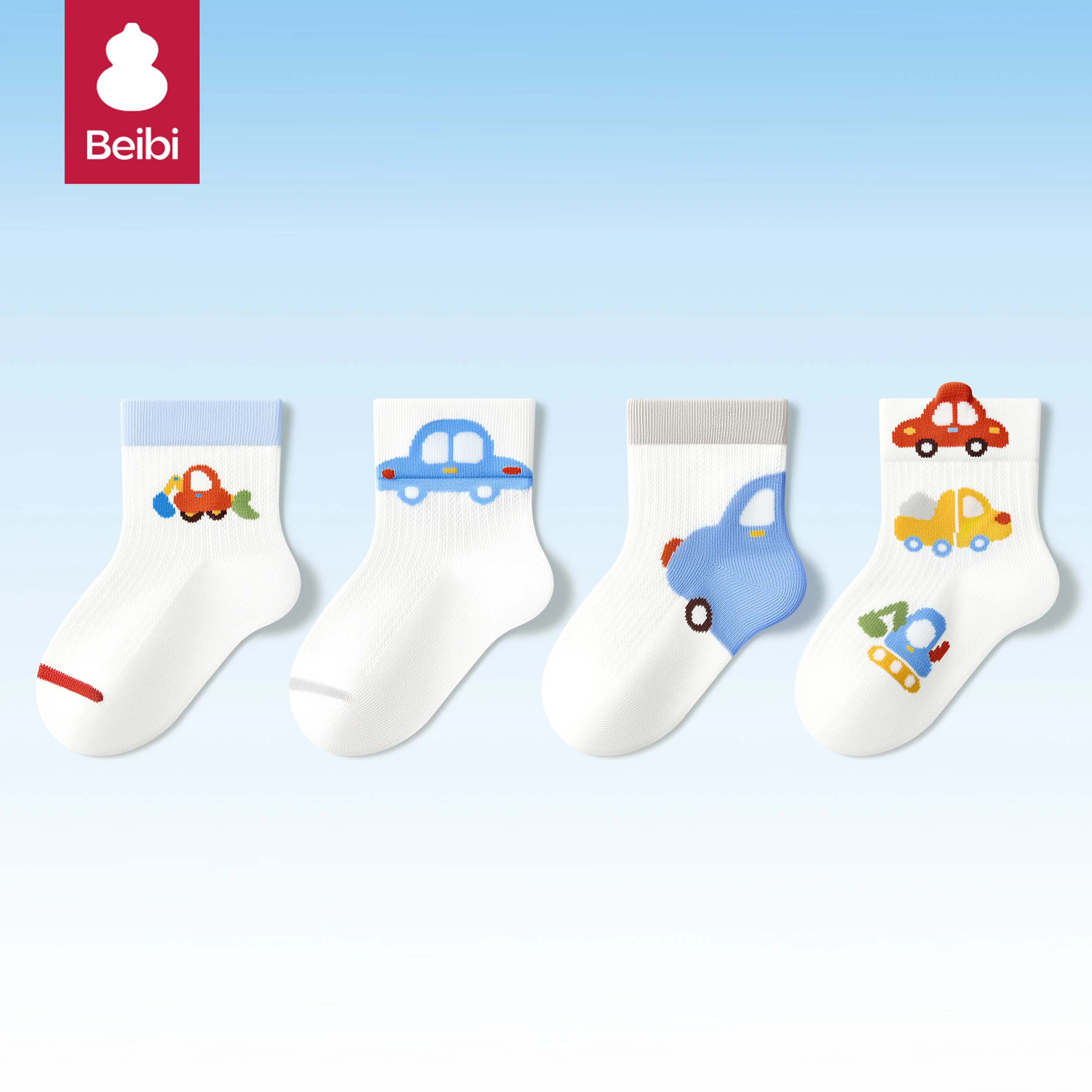 Beibi 4-pair pack of spring and summer thin mid-calf socks, with cartoon car pattern prints, suitable for ages 0-6