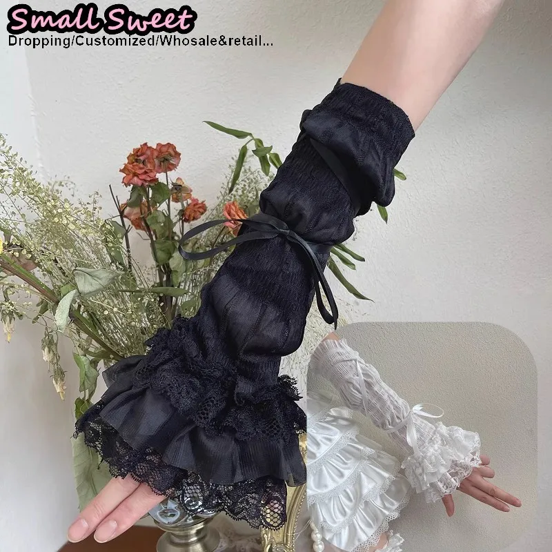 Women’s Versatile Y2K Girls Lolita JK Goths Bow Fold Lace Up Clothing Matching Tie Knitted Sleeve Cover Half Arm Warmers
