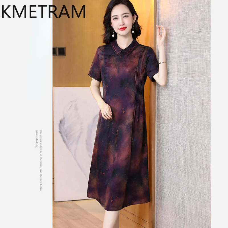 KMETRAM 100% Mulberry Silk Dress Women Elegant Party Long Dresses Female 2024 Summer Vintage Dress Slim Women Clothing Vestido