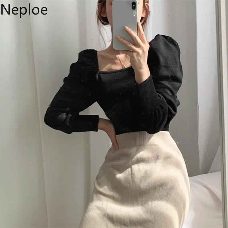 Neploe Chic Square Collar Hollow Out Clavicle T Shirt Slim Fit Pleated Puff Sleeve Solid Blusas Autumn Spring 2024 New Knit Top