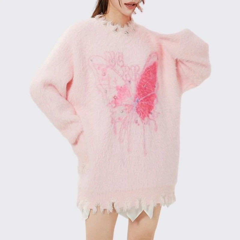 

American Sweet Vintage Hole O Neck Long Sleeve Sweaters Fairy Fashion Bow Design Women Clothes Y2k Lazy Punk Casual Pullovers