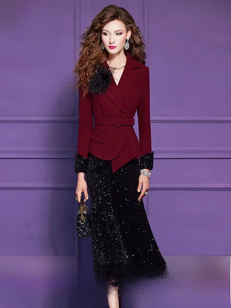 

Fashionable Red Suit Set Women's Spring Bright Sequin Waist-Cinching Skirt And Blouse Ensemble High-End Sensation