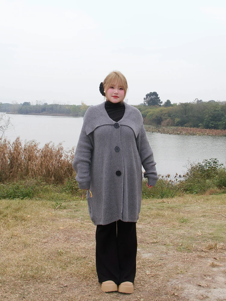 

Мягкий вязаный кардиган большого размера с отложным воротником, свободный крой, зимний, универсальный, в стиле lazy, женская модная верхняя одежда