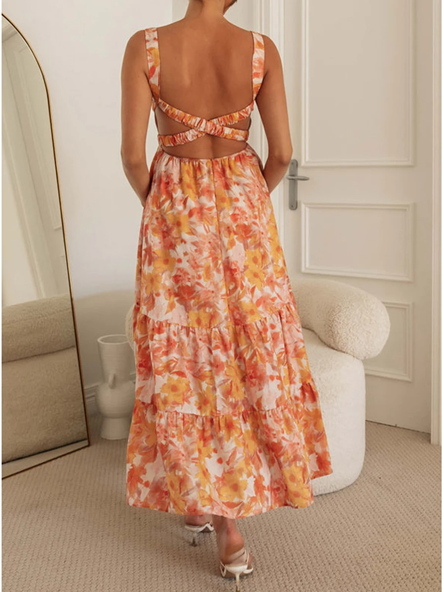 فستان نسائي طويل بوهو بدون أكمام ورقبة على شكل حرف V وطباعة زهور فستان طويل كاجوال لقضاء العطلات على الشاطئ فستان صيفي
