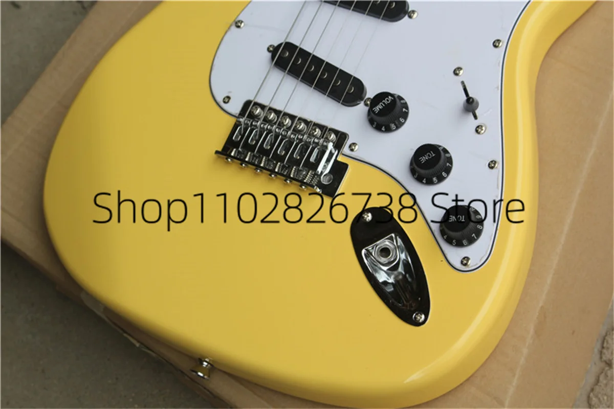 Stra Electric Guitar Yellow Body Black SSS Pickups White Guard Maple Fingerbard Factory Custom