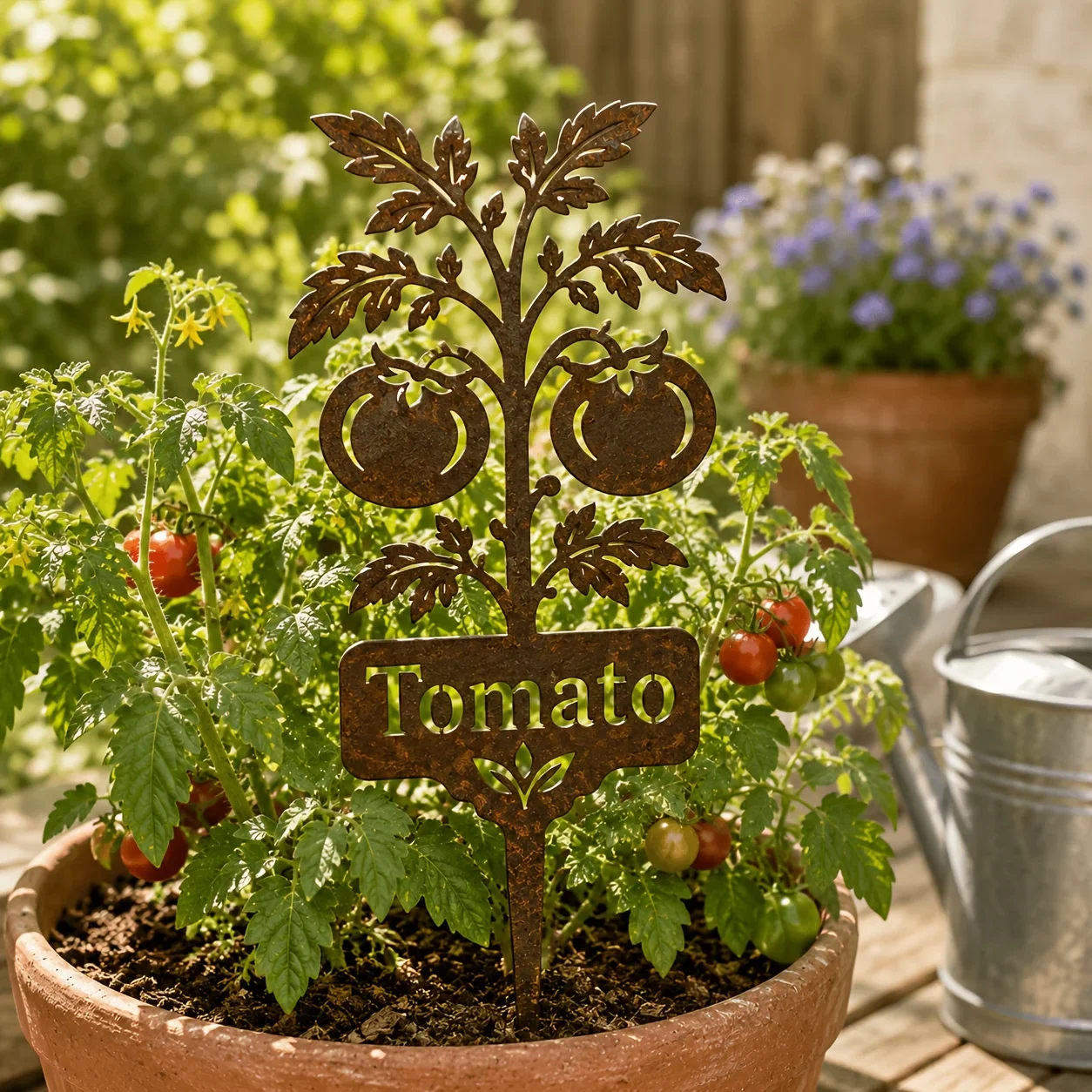 1pc Vintage Wrought Iron Plant Marker, Strawberry and Tomato Styles, Distressed Rust Finish. Suitable for Garden,Courtyard