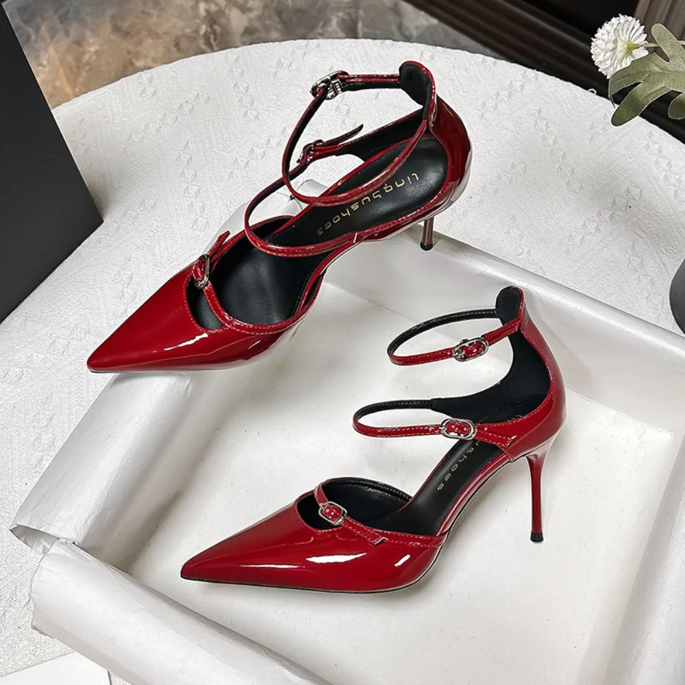 Women's High Heels 8cm Shoe Height Pointed Three Strap Patent Leather Hollow Sandals Women's Shoes Thin Heels Red