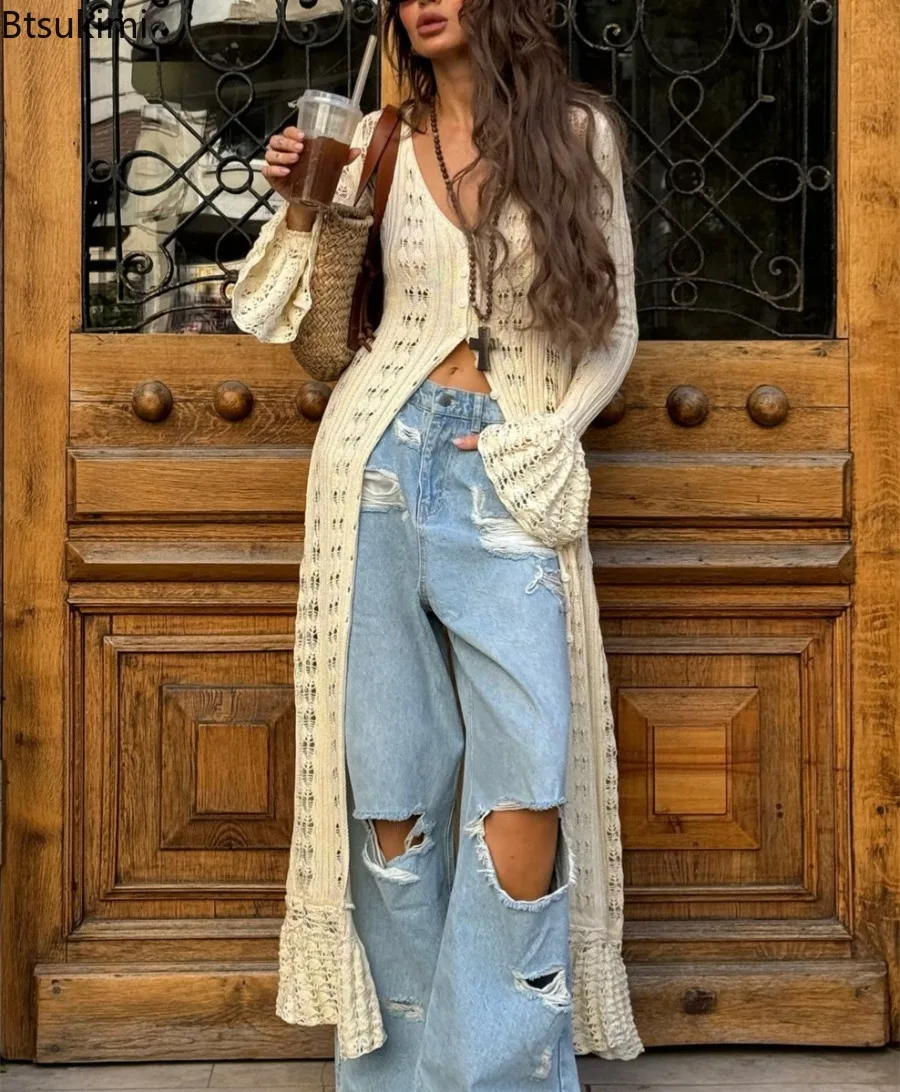 

Women's Knitted Long Sleeved Cardigan Casual Beach Party Long Flare Dresses for Women Slim Fit Hollowed Out Beach Holiday Dress