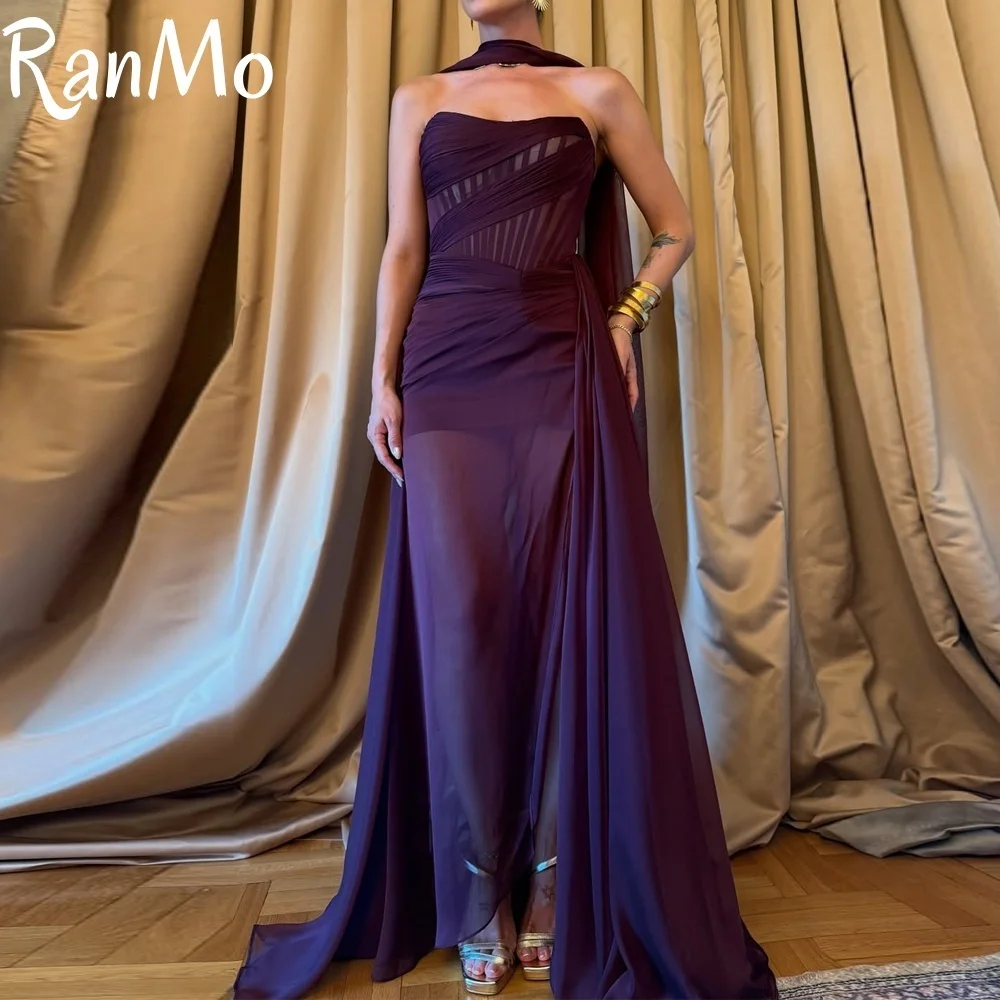 

Ranmo New Purple Chiffon Evening Dress Sweetheart Side Tail Scarf Prom Dresses Pleated Mermaid فساتين سهرة Customised
