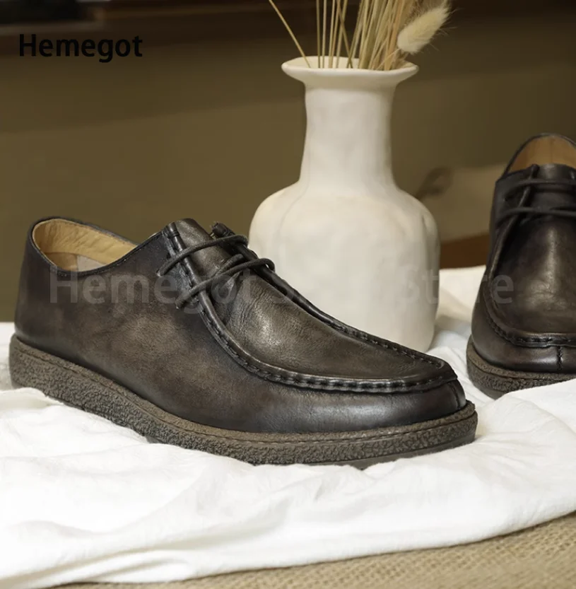 

Thick-Soled Leather Men's Shoes Round Toe Lace-Up Flats Wear-Resistant Breathable Solid Color Casual Shoes Handmade Men's Shoes