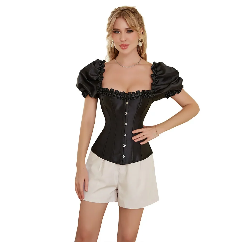 Women Overbust Corset Top Ruffle Puff Short Sleeve Bustier Lace up Corsetto Gothic Sexy Waist Cincher Korset Black