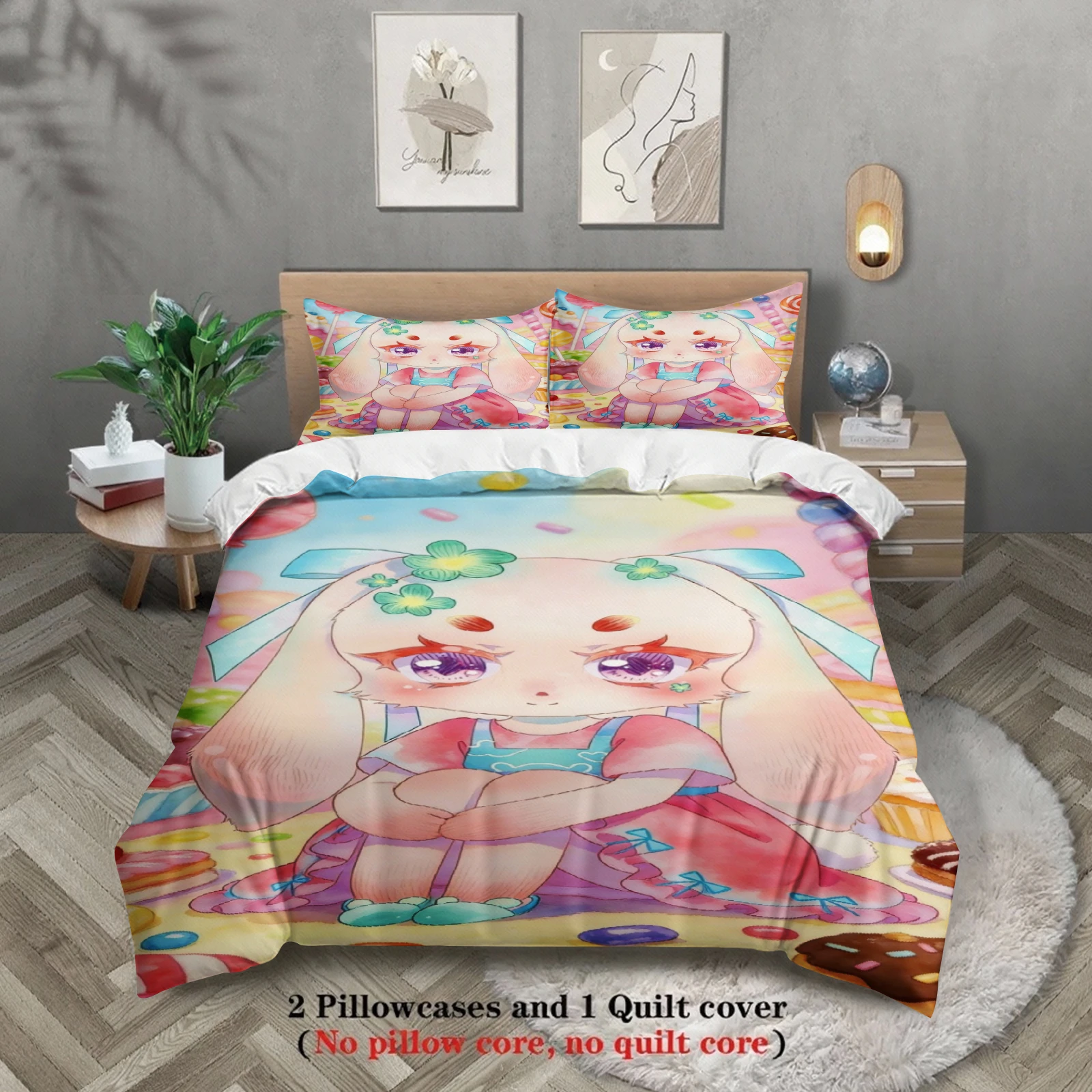 Softville Cozy Town 3PCS Bedding Sets Lop Rabbit Hot Cup Winter Printed Duvet Cover No filling Cartoon Style Queen King Size