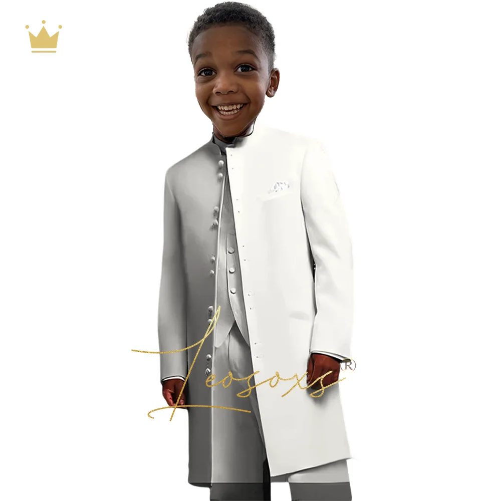 Boys ivory long coat set 3 pieces, children's customized fashion street African style casual wear (coat + vest + trousers)