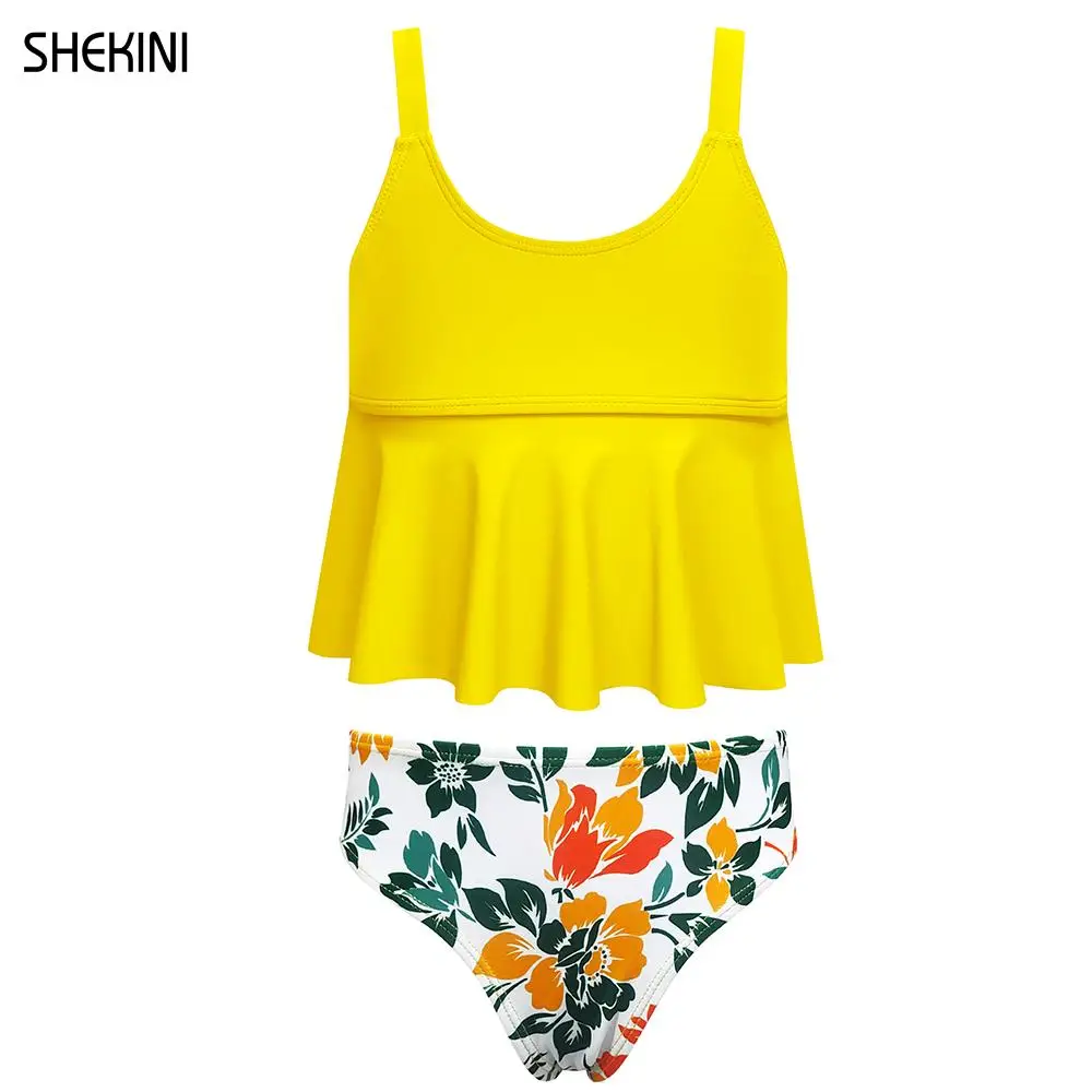 SHEKINI 6-14 Years Girls' Floral Print Tankini Adjustable Bikini Sets Two Piece Swimsuits Ruffed Flounce Top Floral Swim Bottom