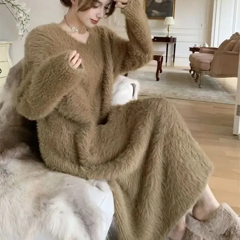 Fall Winter Large Size Fashion V-neck Long Sleeve Solid Mink Fur Women Clothes Slim Korean All-match Temperament Knitting Dress