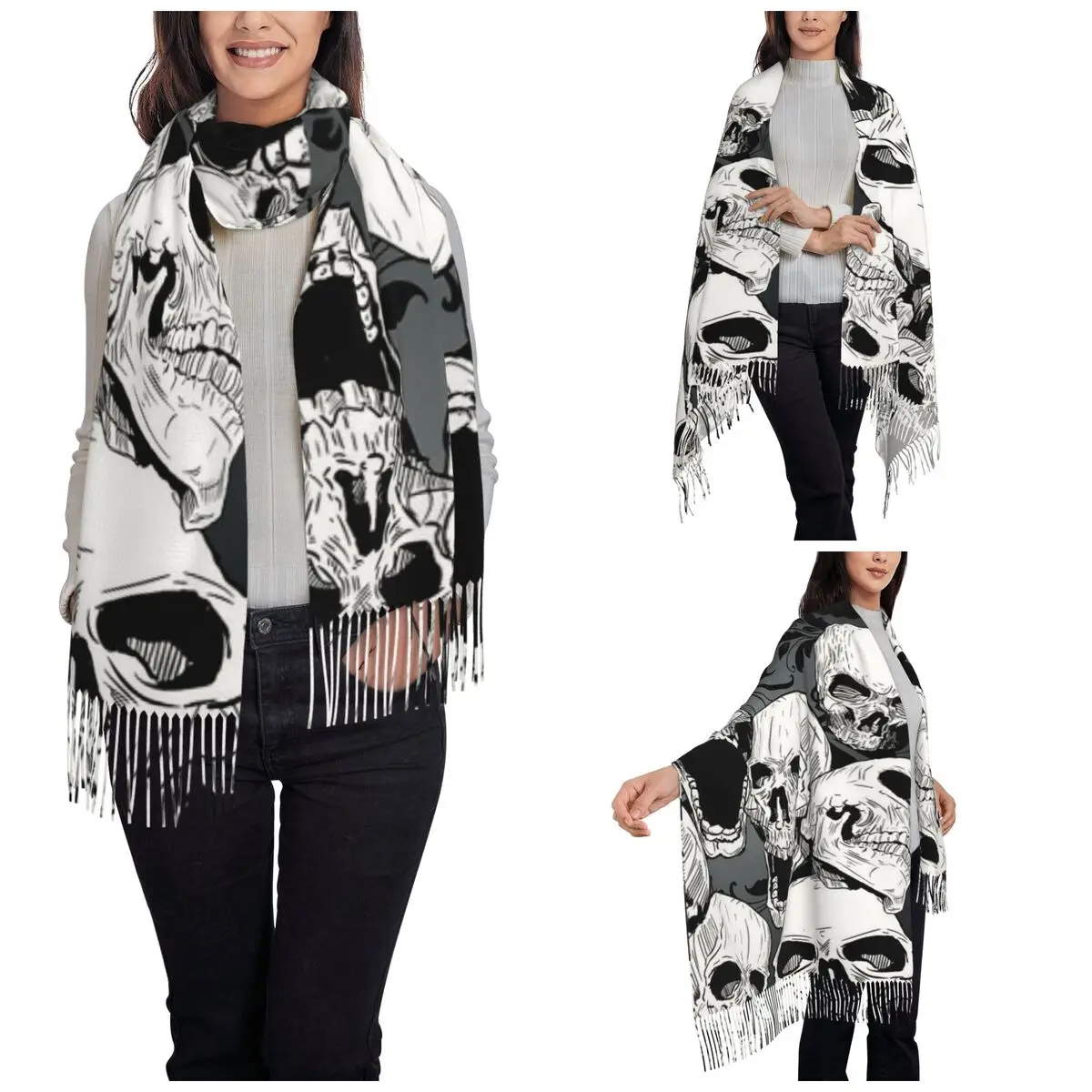 Womens Tassel Scarf Death Skull Gothic Large Soft Warm Shawl Wrap Halloween Cartoon Gifts Pashmina Scarves