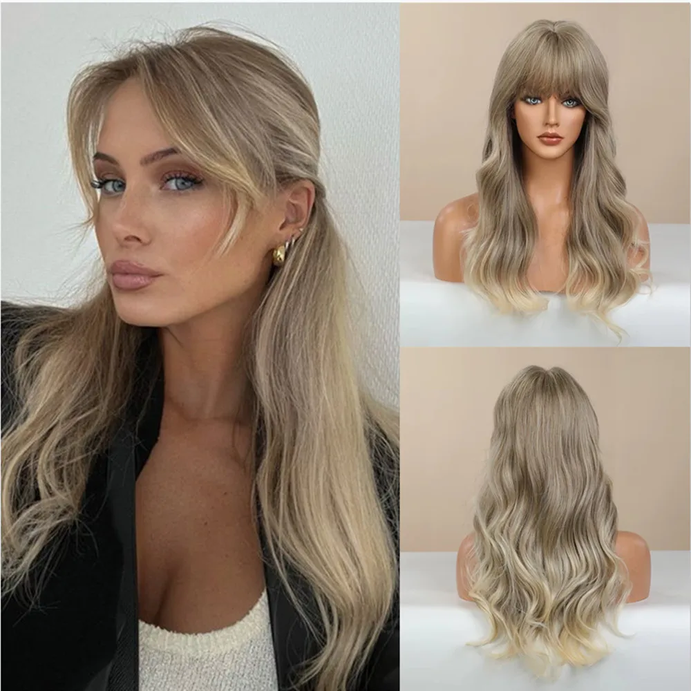 ALAN EATON Light Brown Synthetic Wigs with Bangs Ombre Long Natural Wavy Wig Soft Daily Hair Heat Resistant Party Wig for Women