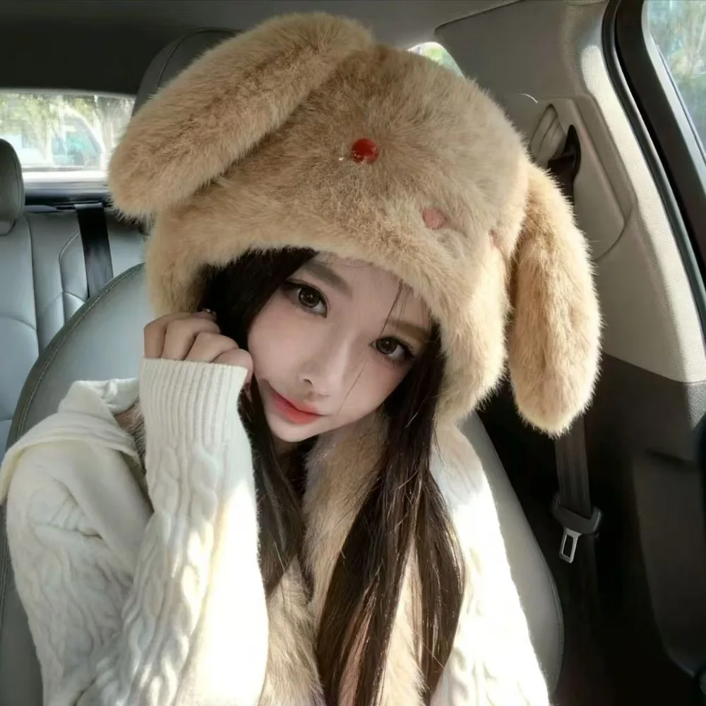 

Зимняя плюшевая шапка с защитой от холода, ветрозащитная шапка с заячьими ушками, теплая шапка, однотонная, милая, пушистая, защитная шапка для ушей, женская