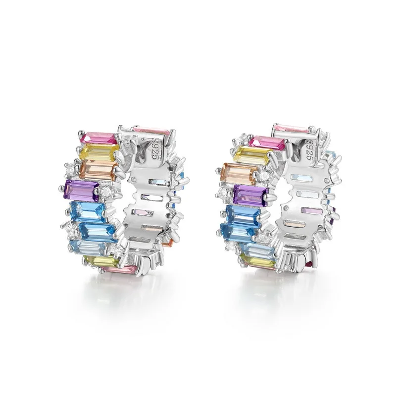 

New S925 Silver Rainbow Round Zircon Earrings Women Full inlaid ZirconiumRainbow Sterling Ear Studs 925
