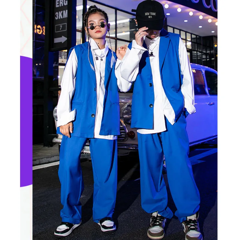 Kinder Teenager Zeigt Street Hip Hop Kleidung Blau Ärmellose Blazer Weste Hemd Hosen für Mädchen Jungen Jazz Dance Kostüm Kleidung