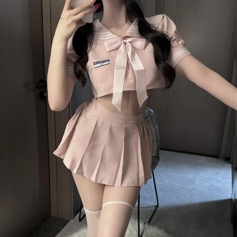 Cute Bow Top Short Pleated Skirt Student Outfit Roleplay Sexy Passionate Seductive Sailor Cosplay Schoolgirl Uniform Temptation