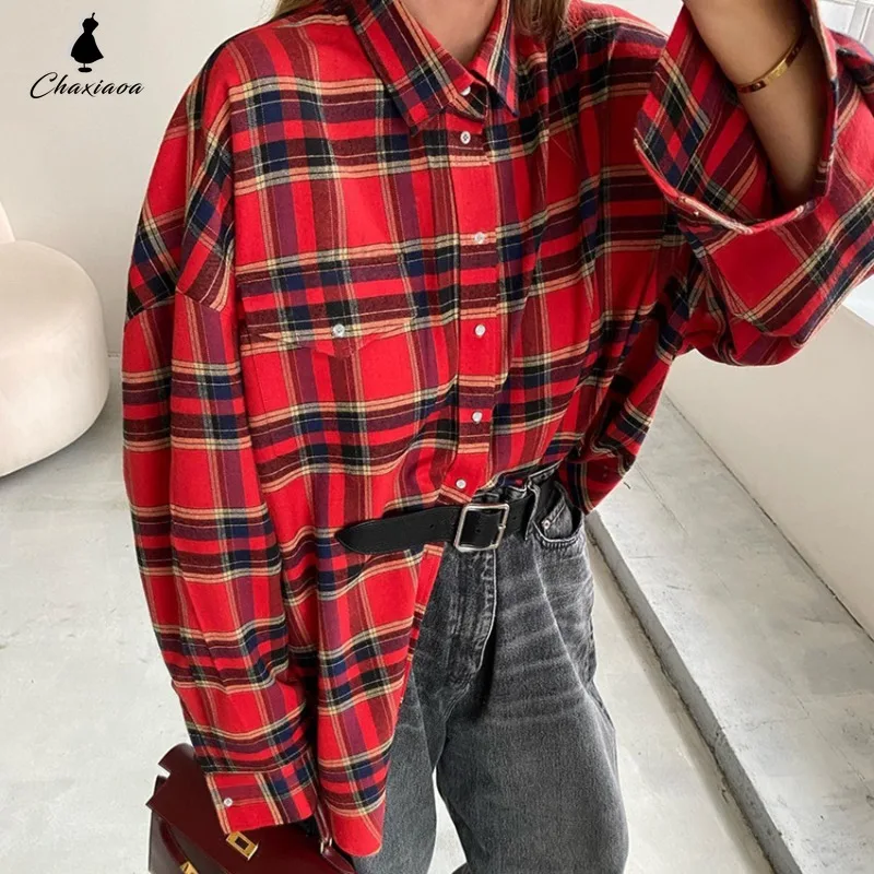 

Bright Gingham Oversized Shirts for Women Street Style Casual Shacket Blouses and Tops Single-Breasted Spring 2024