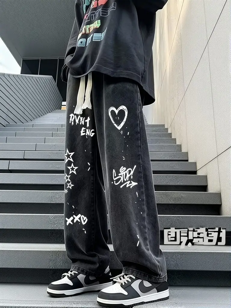 Y2K Harajuku Print Black Baggy Jeans Men Loose Wide Leg Denim Trousers Straight Long Casual Streetwear Graffiti Tachwear