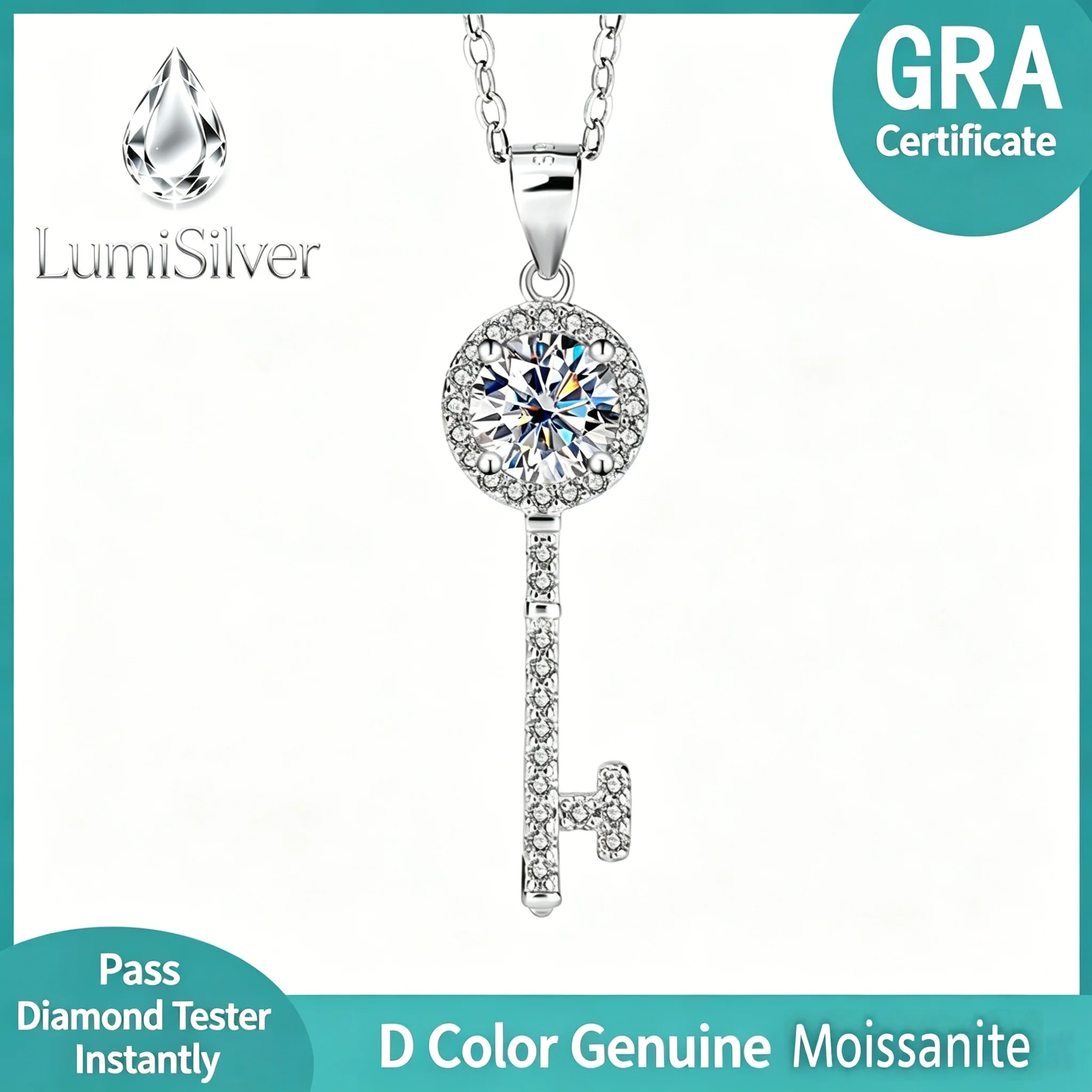 Women's S925 Sterling Silver Key Necklace with Moissanite Star Moon Pendant Clavicle Chain Shiny Fine Jewelry for Spot Wholesale