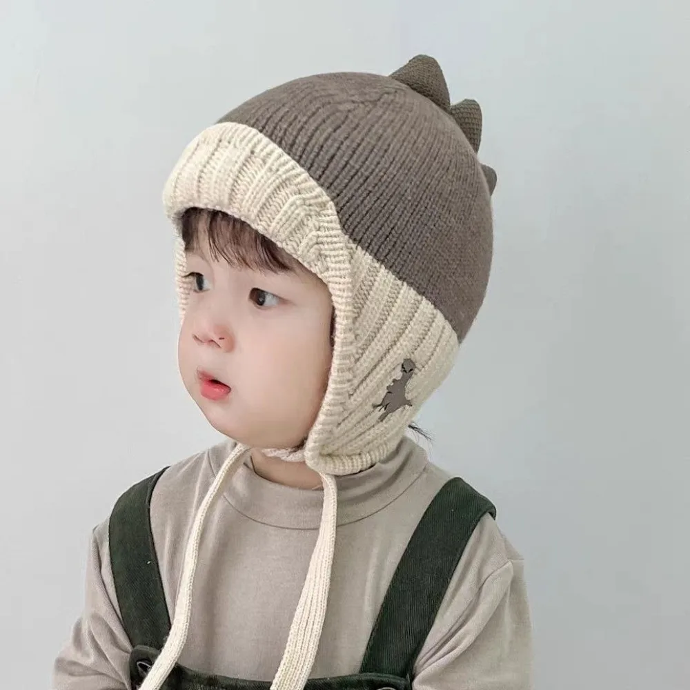 Warme Leuke Dinosaurus Gehoorbescherming Hoed 2-6Year Dikker Kinderen Hoeden Liner Fluwelen Baby Gebreide Trui Cap Winter