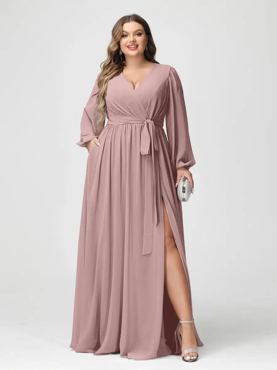

Chiffon Pink Long Sleeve Bridesmaid Dresses With Belt Simple V-neck Side Split Wedding Party Gowns Plain Evening Dress For Women