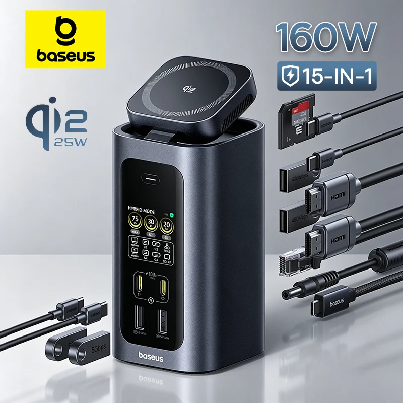 Baseus 15-in-1 Docking Station 160W USB C HUB with Qi2.2 25W Wireless Charging 2 HDMI 4K@120Hz 60Hz include 180W GaN Adapter Hub