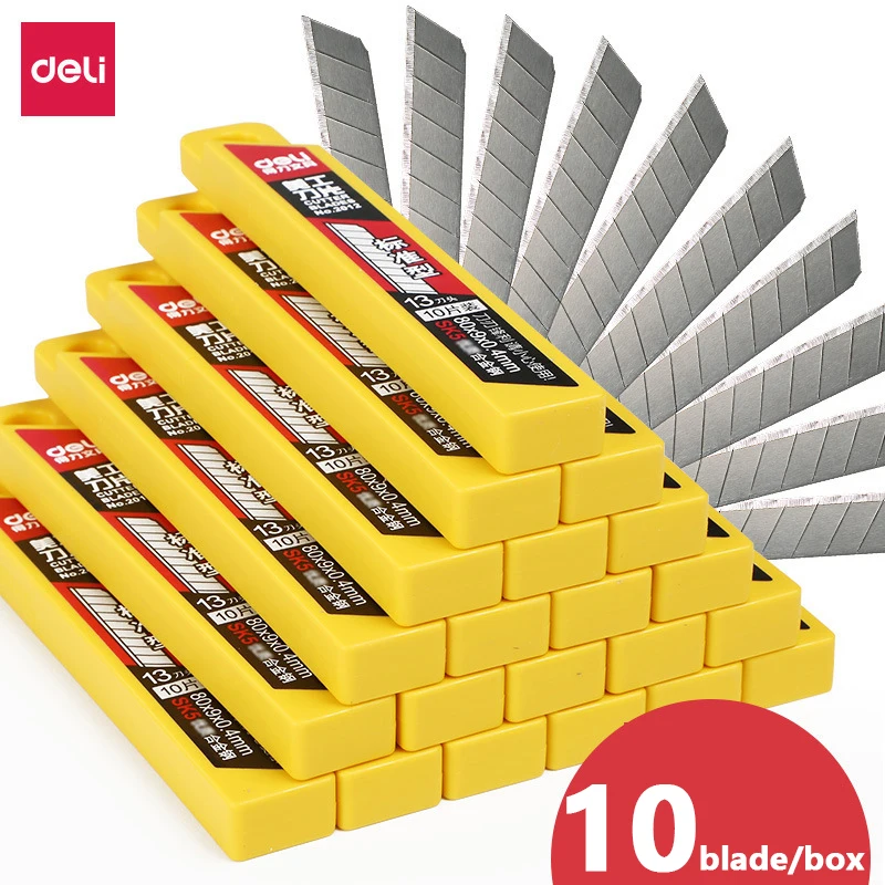 Deli 10 unids/pack 9MM cuchillas de cuchillo de utilidad aleación de acero de bajo carbono papel de oficina papelería arte corte de papel DropShipping