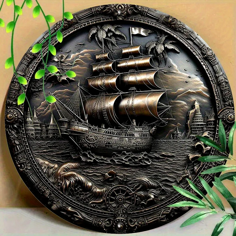 

3D Pirate Ship Metal Wall Art, Aluminum Round Relief Sculpture, Nautical Theme Decor for Home, Office, and Coffee Shop