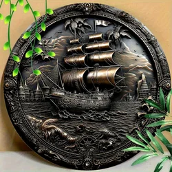 Arte de pared de metal de barco pirata 3D, escultura en relieve redonda de aluminio, decoración temática náutica para el hogar, la oficina y la cafetería