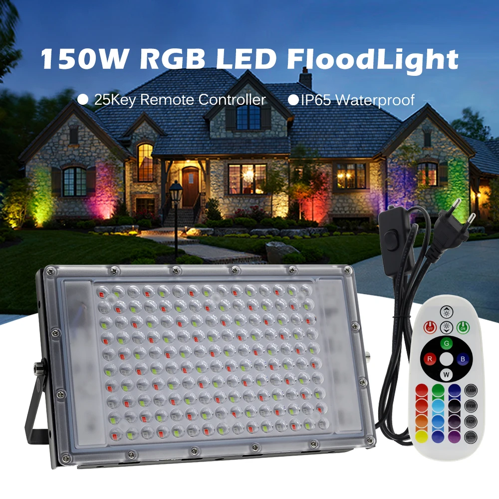 Projecteur LED imperméable à large faisceau avec télécommande, éclairage de paysage, prise ue, AC 220V