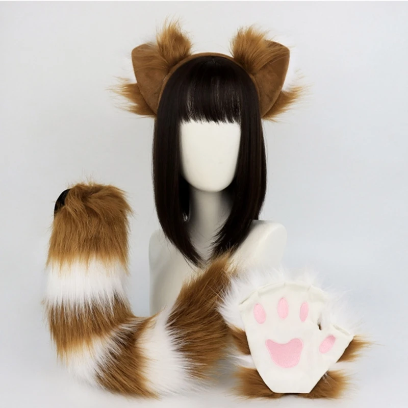 3Pcs Animal volpi Cat Costume Set Faux Fur peluche orecchie di volpe fascia con coda zampa guanti adulto animale Fancy Dress accessori