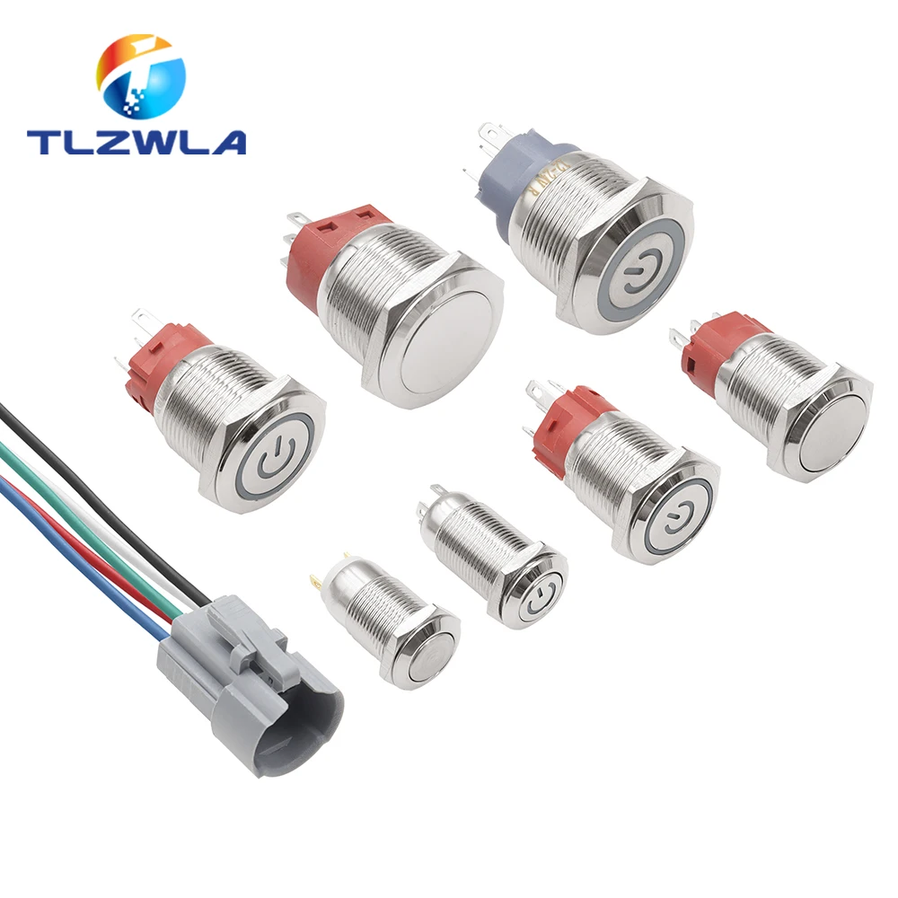 12/16/19/22mm Waterproof Metal Push Button Switch LED Light Momentary Latching Car Engine Power Switch 12V 24V Red Blue