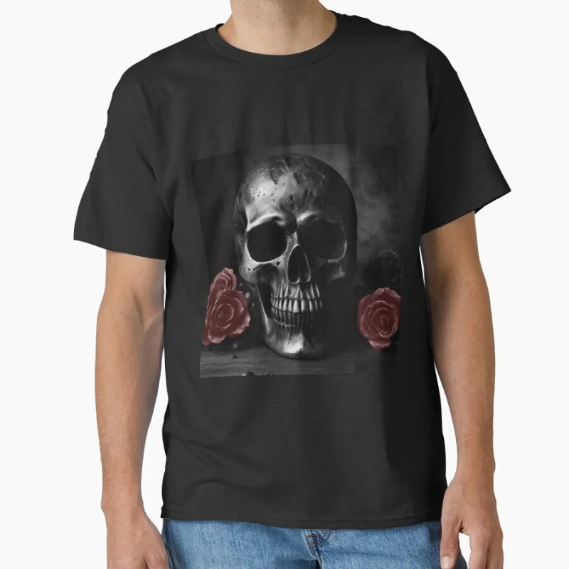 

skull & rose Old school devil Goth style Horror skeleton Halloween gift T shirt for men large size Adult Tops S-6XL clothing
