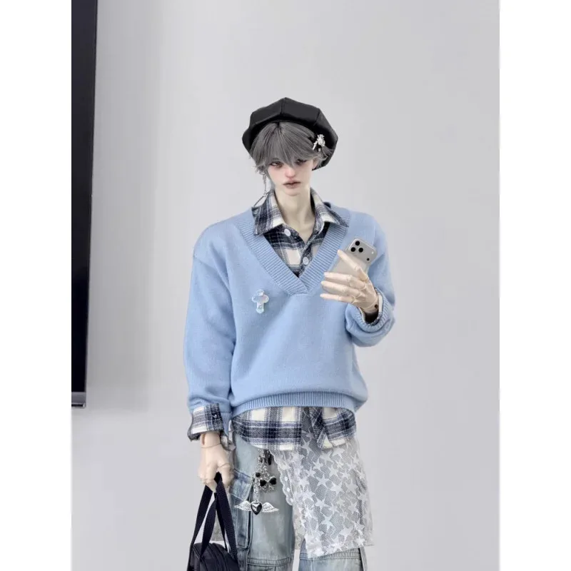 

Doll Clothes For ID75 Dolls Green Black White Blue V-neck Sleeved Sweater (Only Sweater No Doll No T-shirt)