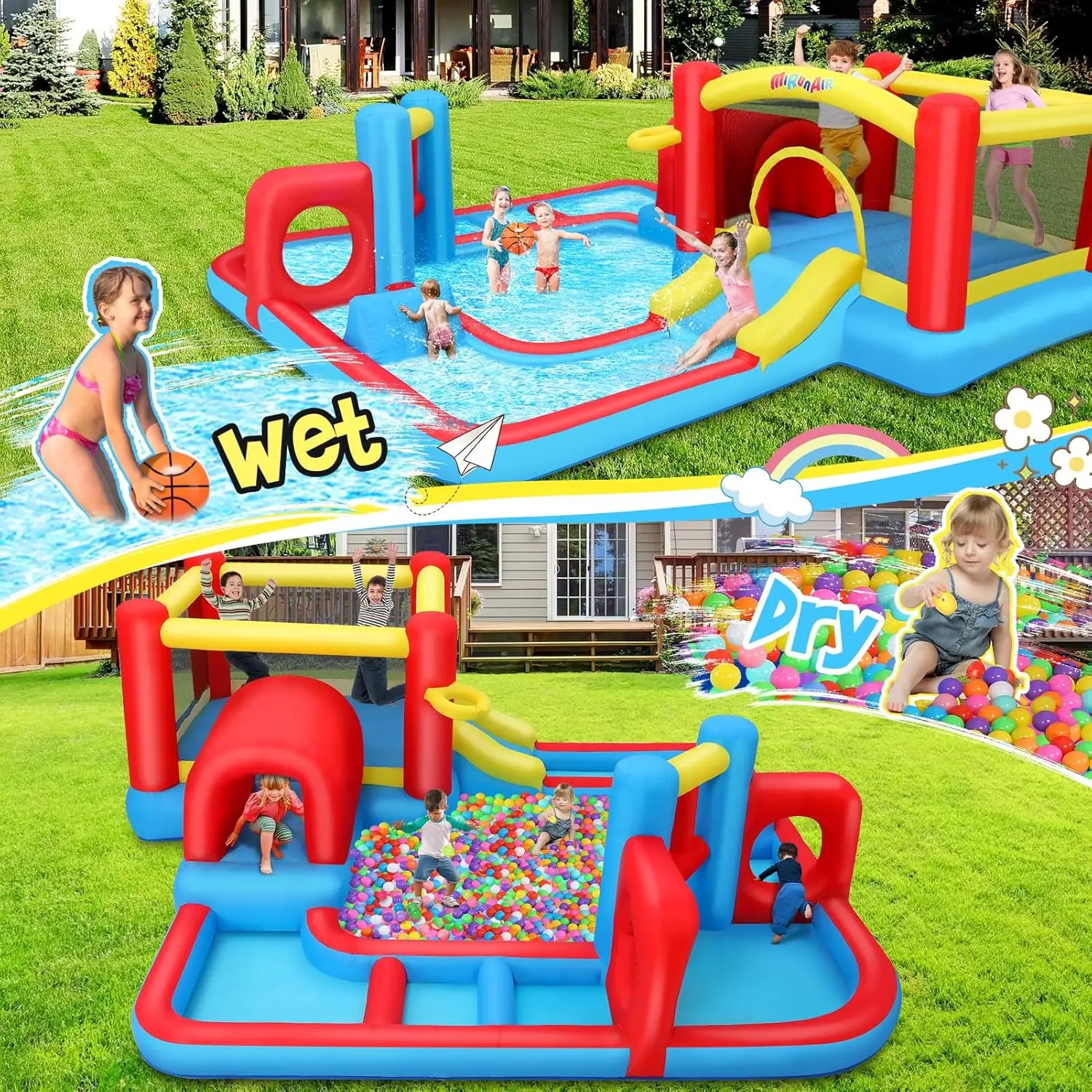 House Waterslide for Kids 3-12 w/Blower, 14.3 x 14.3FT Inflatable Obstacle Course w/Jump Area, Divided Ball Pit, Slide, Obstacle