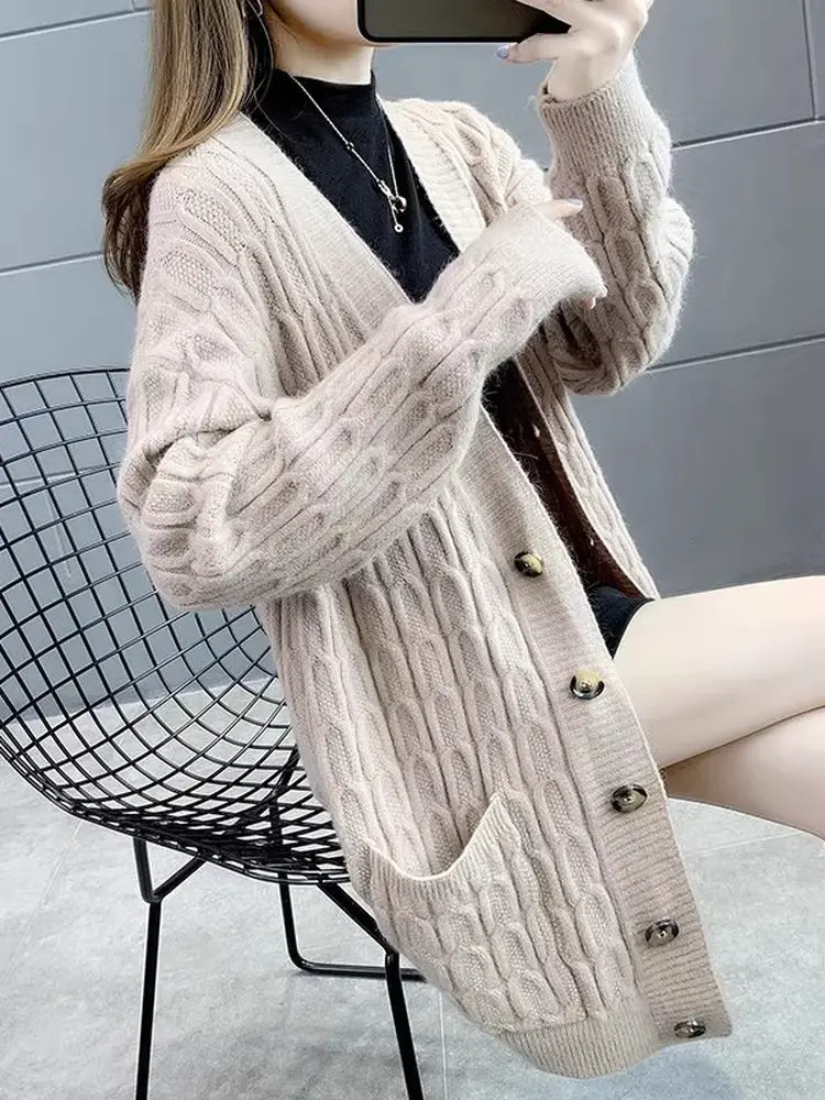 

Корейский женский вязаный открытый кардиган средней длины, верхняя одежда свободного покроя, весна-осень, новинка Faion, повседневная длинная све V-Ne