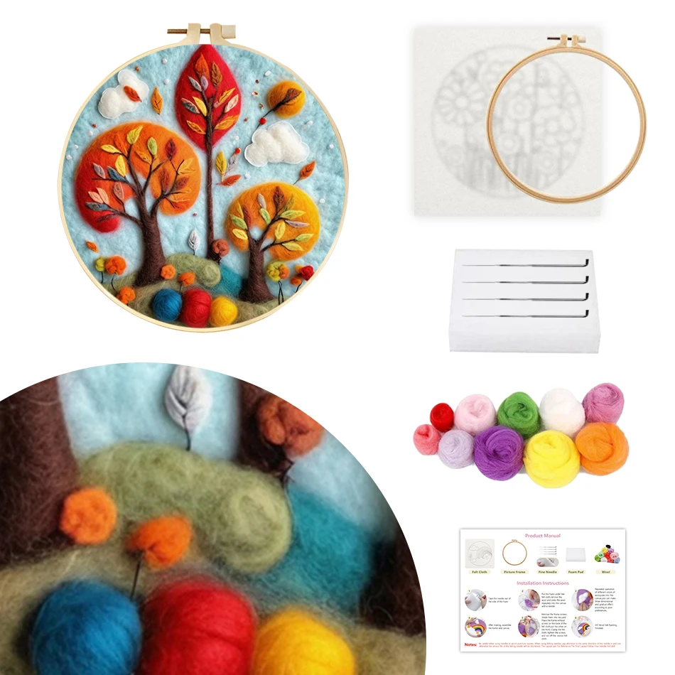 SDOYUNO Kit de fieltro de lana, conjunto de herramientas para paisajismo, artesanías de Fomy, lana de colores de lana de peinado para tejer, Kits de fieltro de lana, Kit de costura artesanal