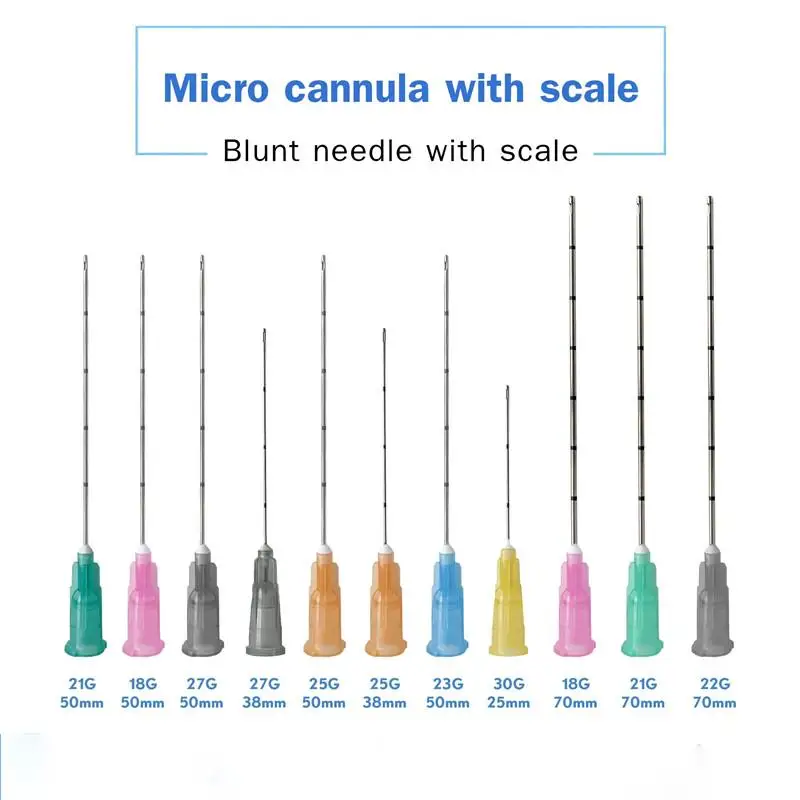 A Box 50pcs Medical Sterile microcannula 25g 50mm 70mm Blunt Tip Micro Cannula Needle for Injectable Hyaluronic Acid Fillers