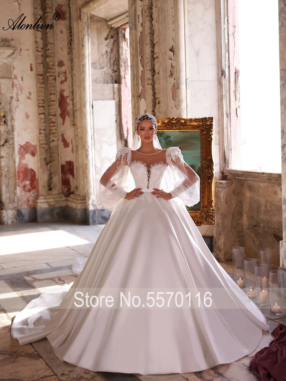Alonlivn Luxury Satin Scoop A-Line Wedding Dresses Beading Pearls Appliques Puffy Full Sleeves Beauty Bridal Gowns