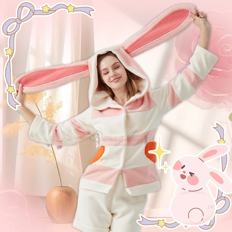

New Pink Rabbit Plush Pajamas Nighty With Ear & Tail For Women Girl Cute Style Long-sleeved Top Trousers And Shorts Pajama Party