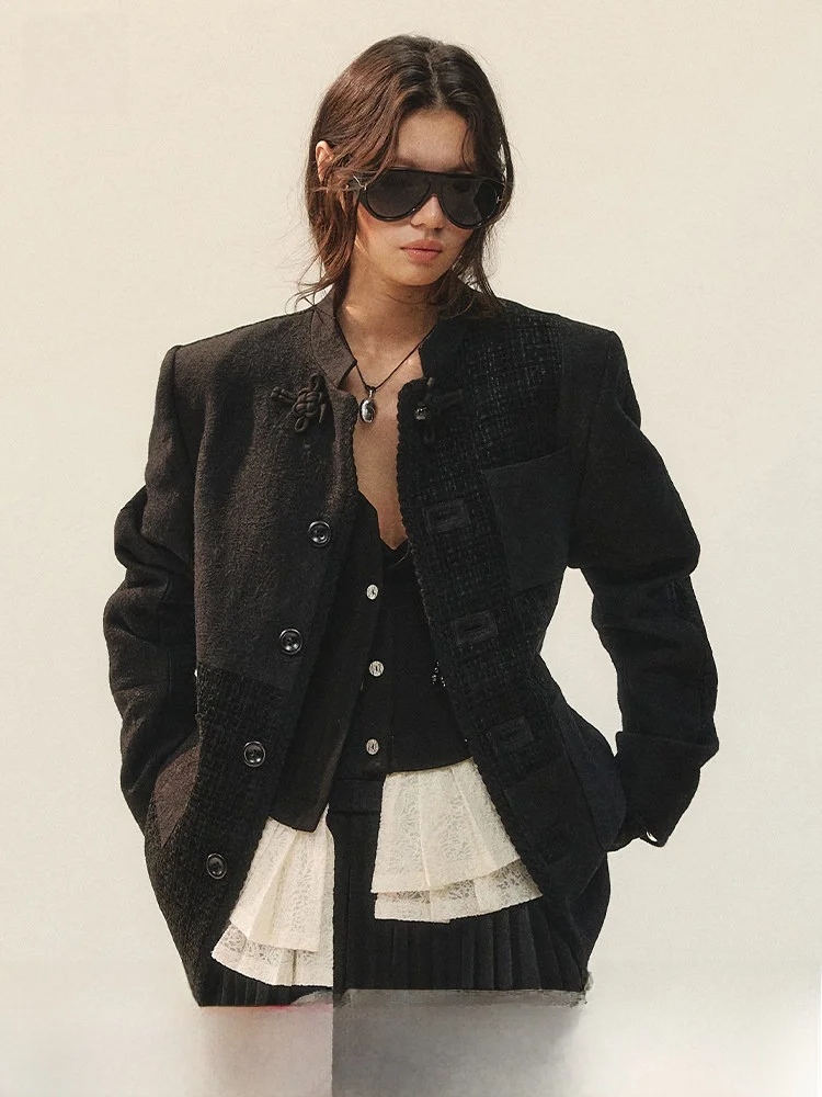 

Костюм-пиджак Genesis【Textile Chord】2026: Новинка осенне-зимней коллекции, с воротником-стойкой, узором «узелок» и лоскутным дизайном, для женщин, повседневный, для работы и отдыха