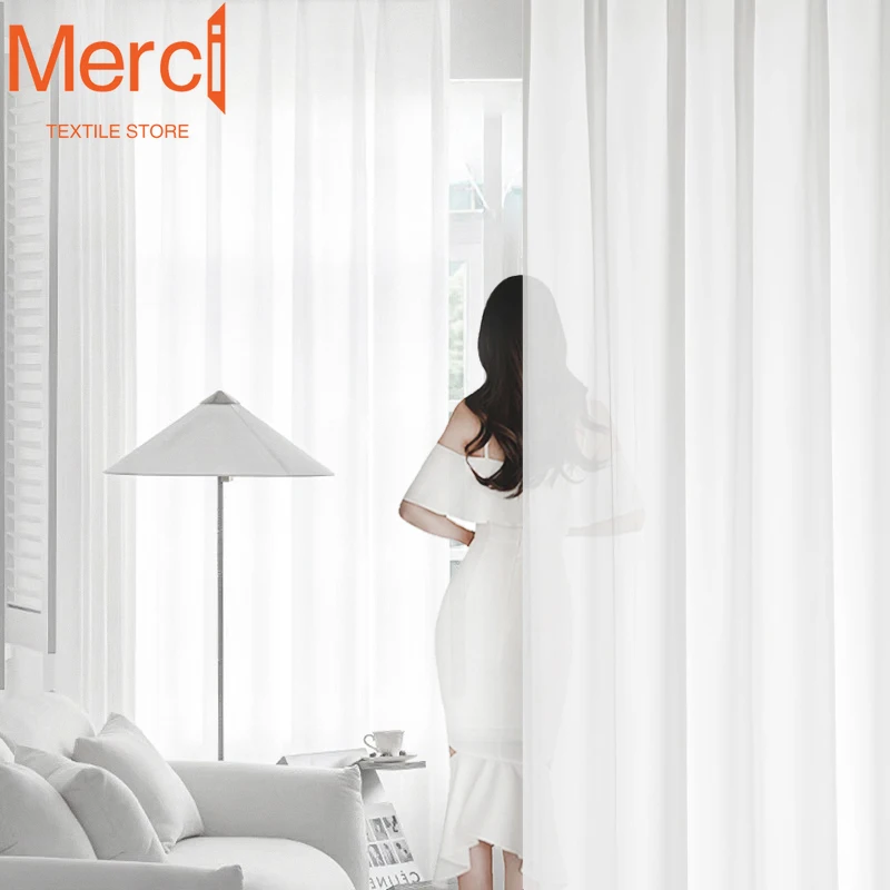 Luxurious Chiffon White Tulle White Sheer Curtains for Living Room Bedroom Voiles Door Screen Partition Door Decoration Solid