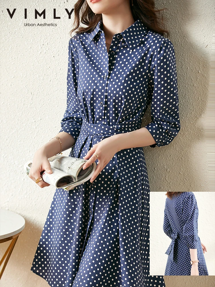 VIMLY Spring Summer Shirt Dress for Women Elegant Fashion Cotton Puff Sleeve A-line Blue Dot Vintage Dress Office Lady V0783